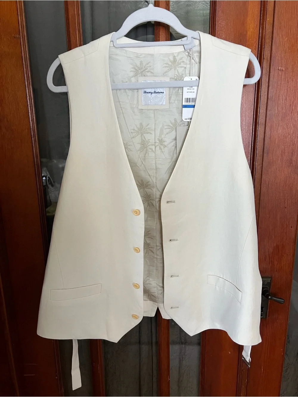 Tommy Bahama Monterey Vest Warm Sand Cream Linen Blend with Palm-Print Lining